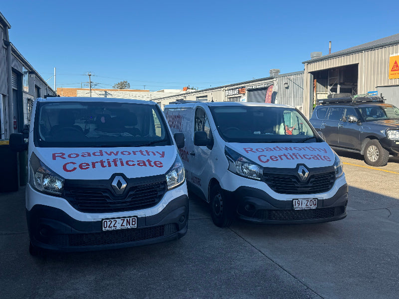 Ausmec mobile inspection vehicle en route, ready to provide a Cashmere Mobile Roadworthy (Safety Certificate) service at your location.
Two Renault vans with 'Roadworthy Certificate' text on a concrete surface.