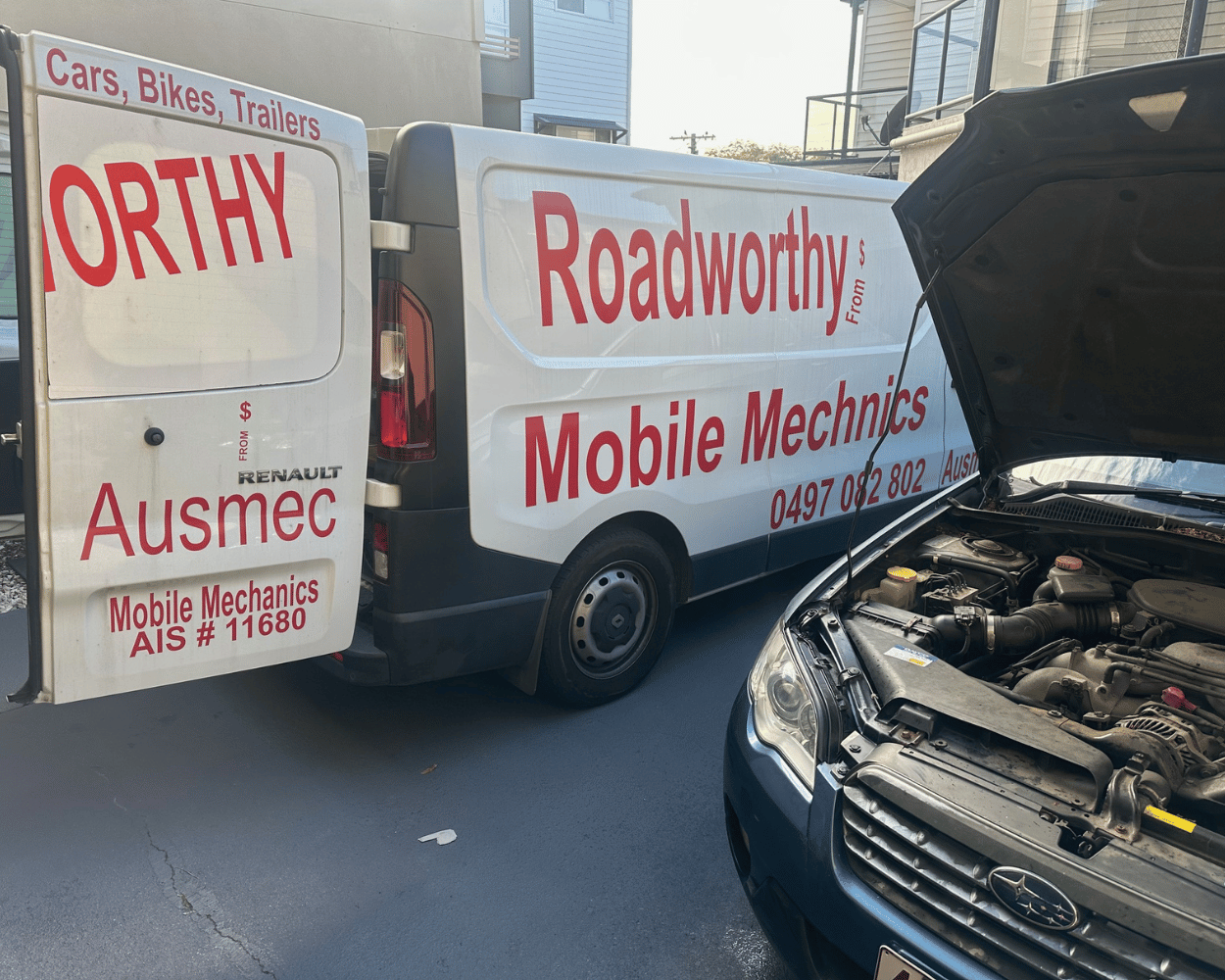 Need a Chermside West Mobile Roadworthy (Safety Certificate)? Our authorized inspectors are fully equipped and ready to come to your location for a fast, hassle-free car inspection. Two mobile mechanics vans with open hoods on a street.