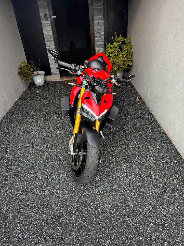 "On-site Taigum Mobile Roadworthy (Safety Certificate) for motorcycles and mopeds." Red and black motorcycle parked on a street corner
