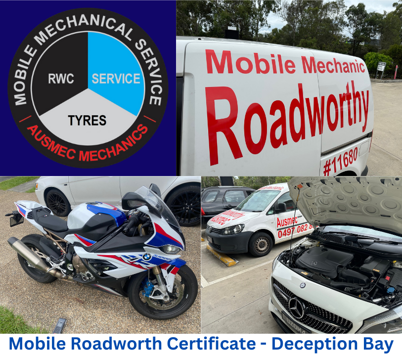 Collage showcasing Ausmec's Deception Bay Roadworthy (Safety certificate) services for cars, vans, and motorcycles, featuring our logo and an inspection in progress."