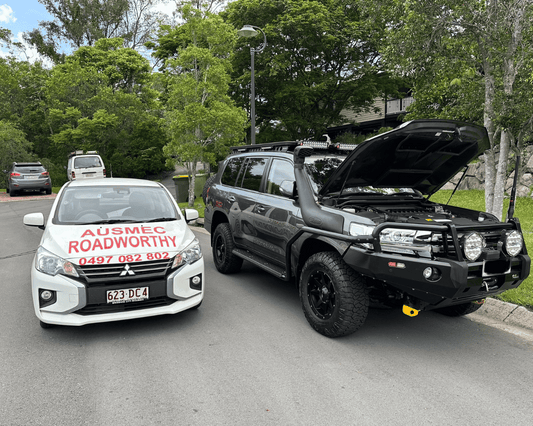 Our Mango Hill Mobile Roadworthy (Safety Certificate) team's Mitsubishi Mirage conducting a thorough safety inspection on a Toyota Landcruiser."

